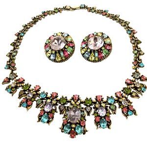 HOLLYCRAFT 1950s Signed Pastel Rhinestone Bib Necklace Earrings VTG Floral Set